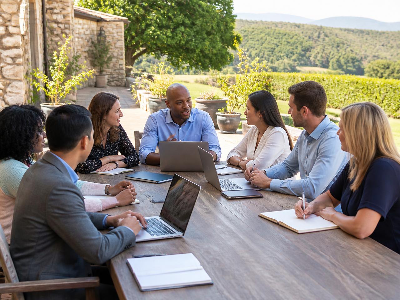 Educators collaborating at an outdoor session table on the estate